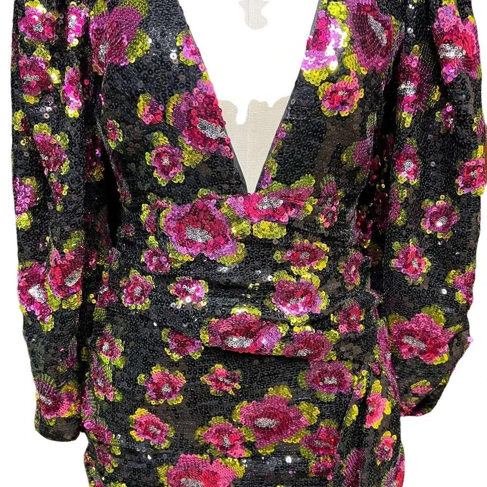 For Love & Lemons‎ Morrison Mini Dahlia Floral Dress Black Sequin Size XS - Picture 4 of 13